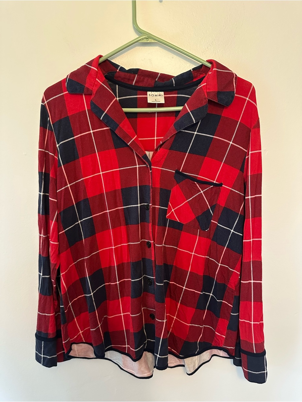 SOMA Cool Nights Red Navy Plaid Long Sleeve Pajama Sleep Top Size Large L